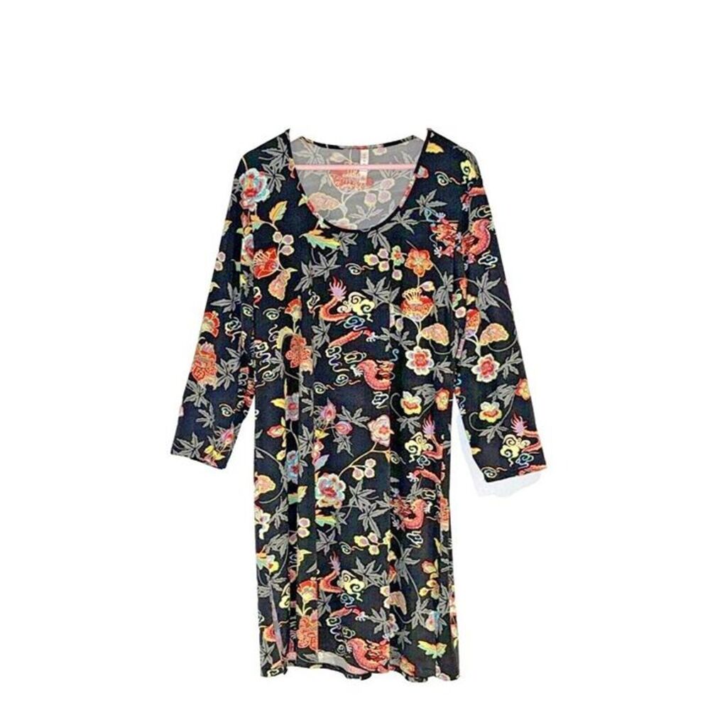 NATORI Cruz Dragon Flower Romantic Print Black long Sleeve Slip dress XL NWOT